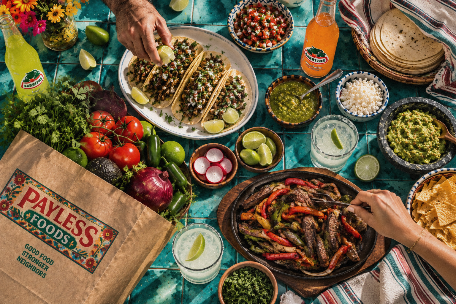 A colorful overhead spread of fresh food, tacos, citrus and salsa